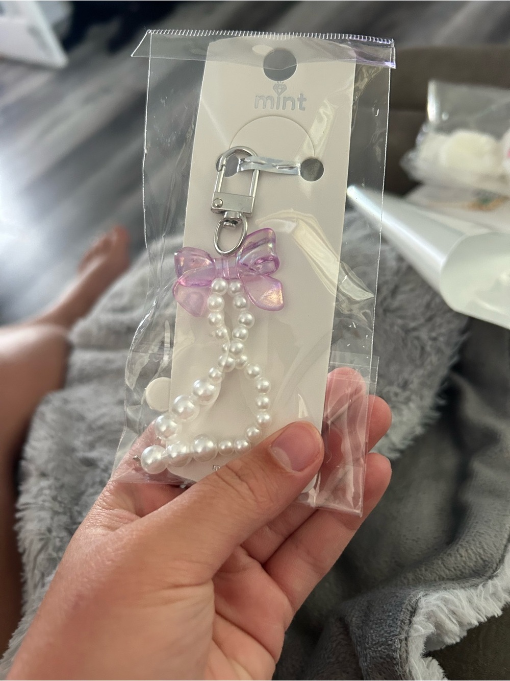 4/$50 Mint Purple Bow Pearl Bead Keychain Charm